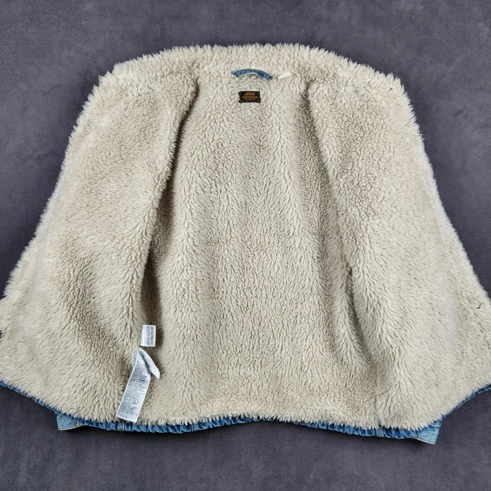Levis Skateboarding Sherpa Trucker Jacket Mens Large Blue Denim‎ Snap Front - Picture 3 of 14